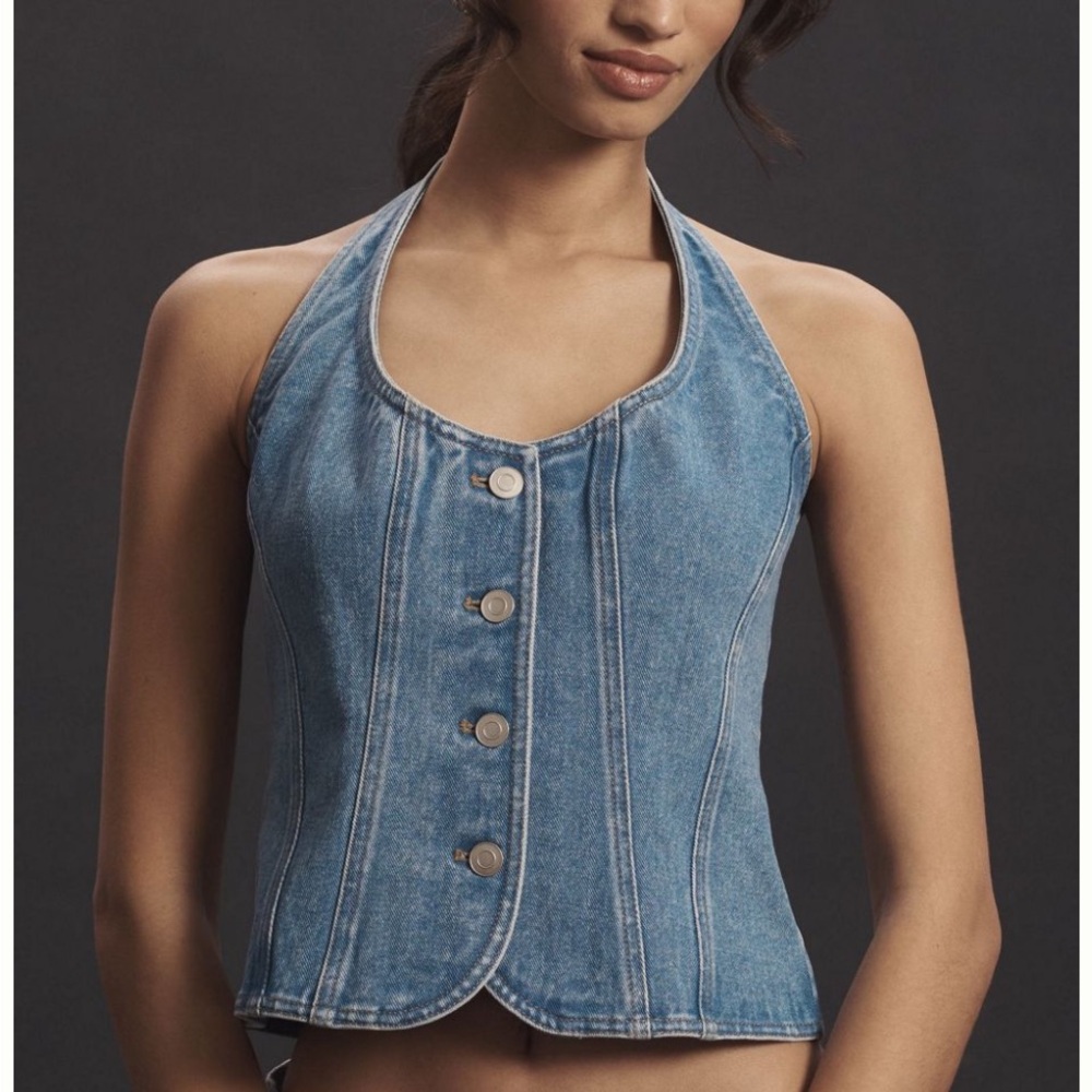 Anthropologie Denim Halter Button-Front Tank Top in Light Blue